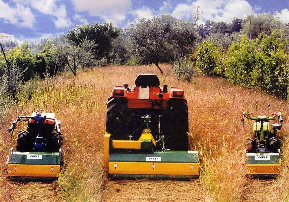 Tre trattori con trince Carli al lavoro in un oliveto